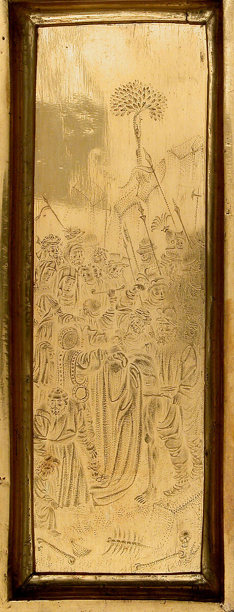 Triptych with the Way to Calvary, the Crucifixion, and the Disrobing of Jesus, Gilded copper, silver and paint, Netherlandish or French