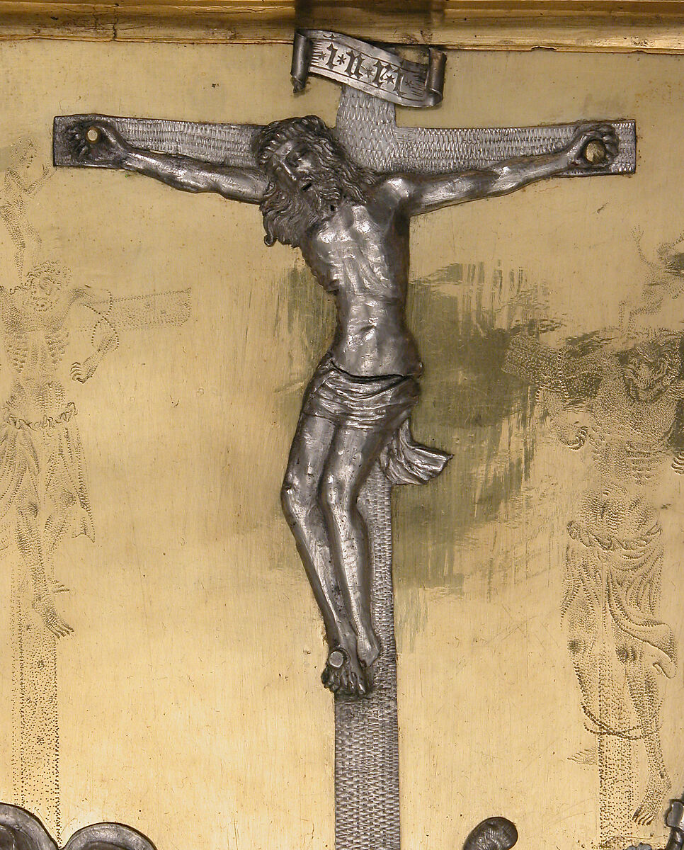 Triptych with the Way to Calvary, the Crucifixion, and the Disrobing of Jesus, Gilded copper, silver and paint, Netherlandish or French