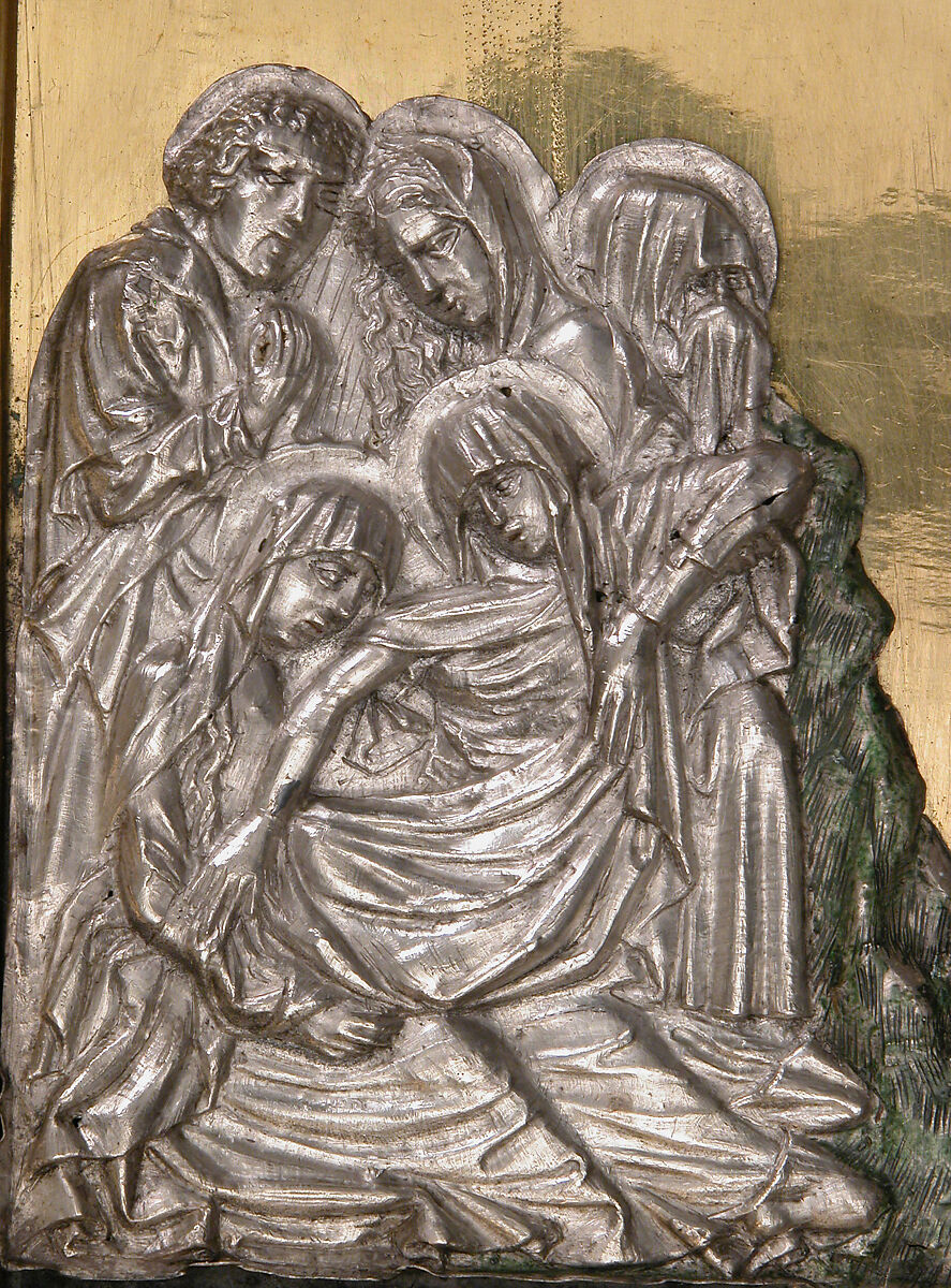 Triptych with the Way to Calvary, the Crucifixion, and the Disrobing of Jesus, Gilded copper, silver and paint, Netherlandish or French