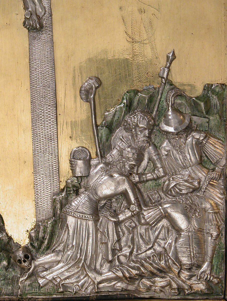 Triptych with the Way to Calvary, the Crucifixion, and the Disrobing of Jesus, Gilded copper, silver and paint, Netherlandish or French