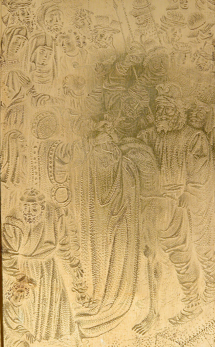 Triptych with the Way to Calvary, the Crucifixion, and the Disrobing of Jesus, Gilded copper, silver and paint, Netherlandish or French