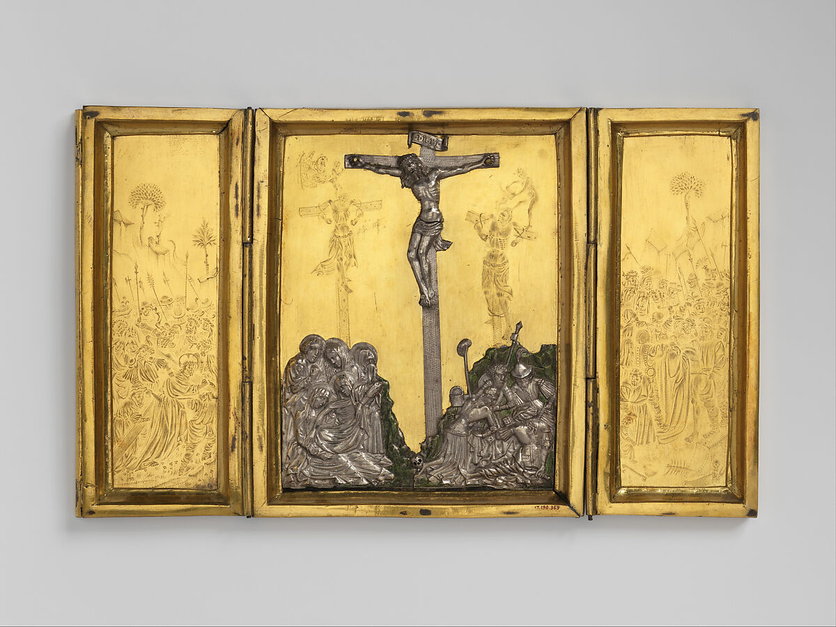 Triptych with the Way to Calvary, the Crucifixion, and the Disrobing of Jesus, Gilded copper, silver and paint, Netherlandish or French 