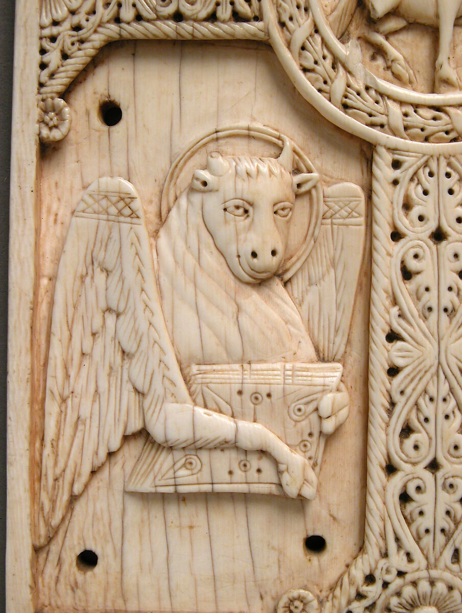 Plaque with Agnus Dei on a Cross between Emblems of the Four Evangelists, Elephant ivory, South Italian