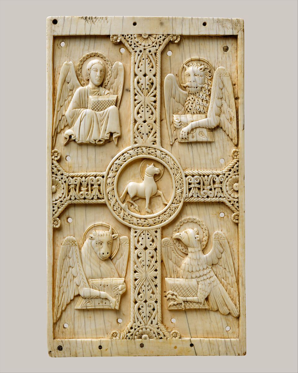 Plaque with Agnus Dei on a Cross between Emblems of the Four Evangelists, Elephant ivory, South Italian 