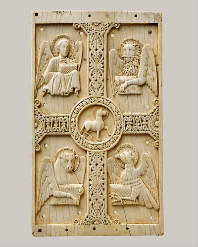 Plaque with Agnus Dei on a Cross between Emblems of the Four Evangelists