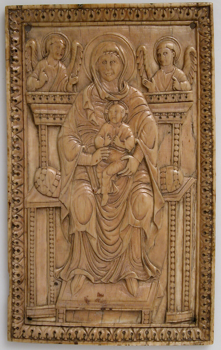 Plaque with Enthroned Virgin and Child, Elephant ivory, Carolingian 