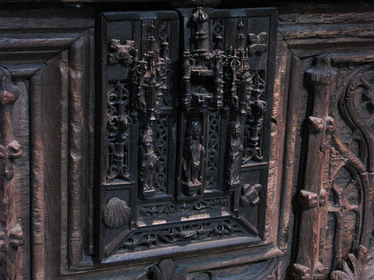 Chest with Coats of Arms, Oak, iron mounts;  top and base restored, French