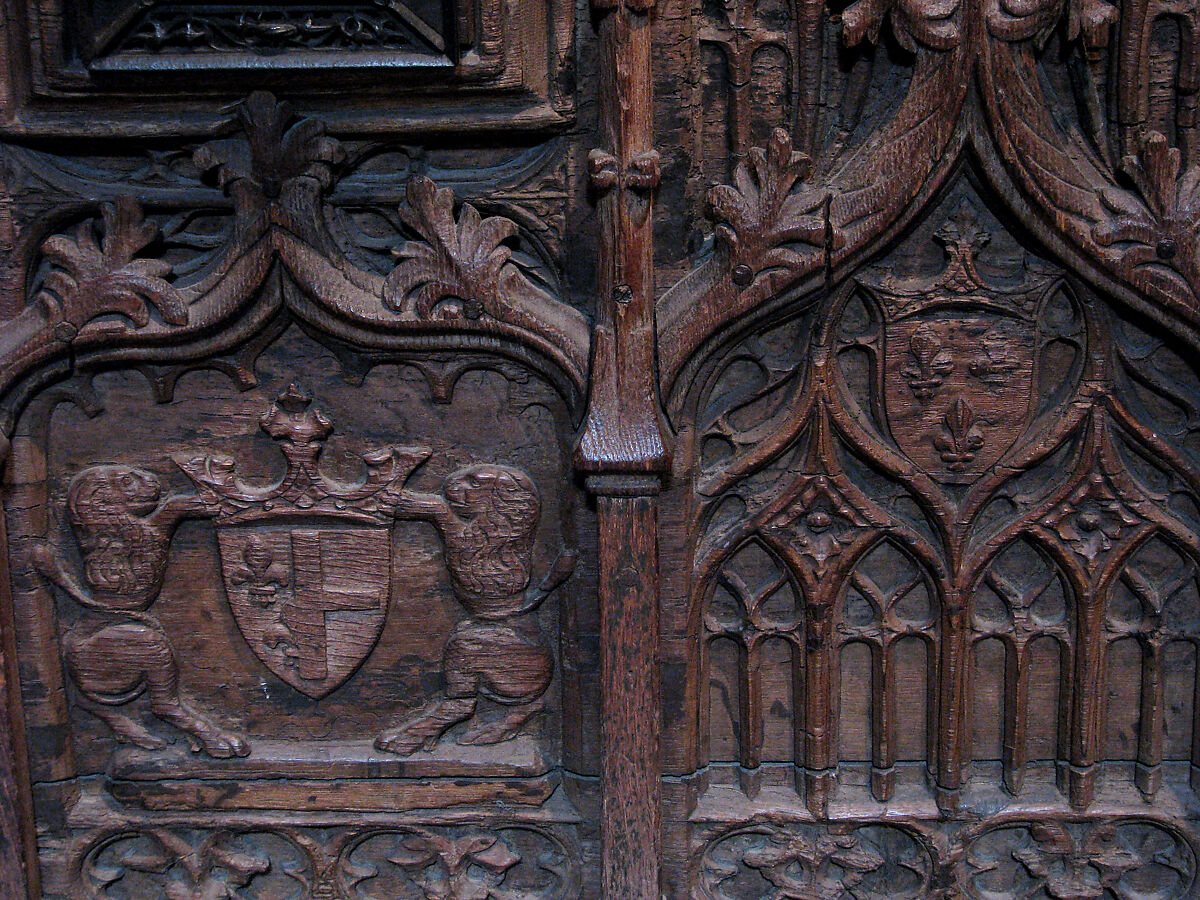 Chest with Coats of Arms, Oak, iron mounts;  top and base restored, French