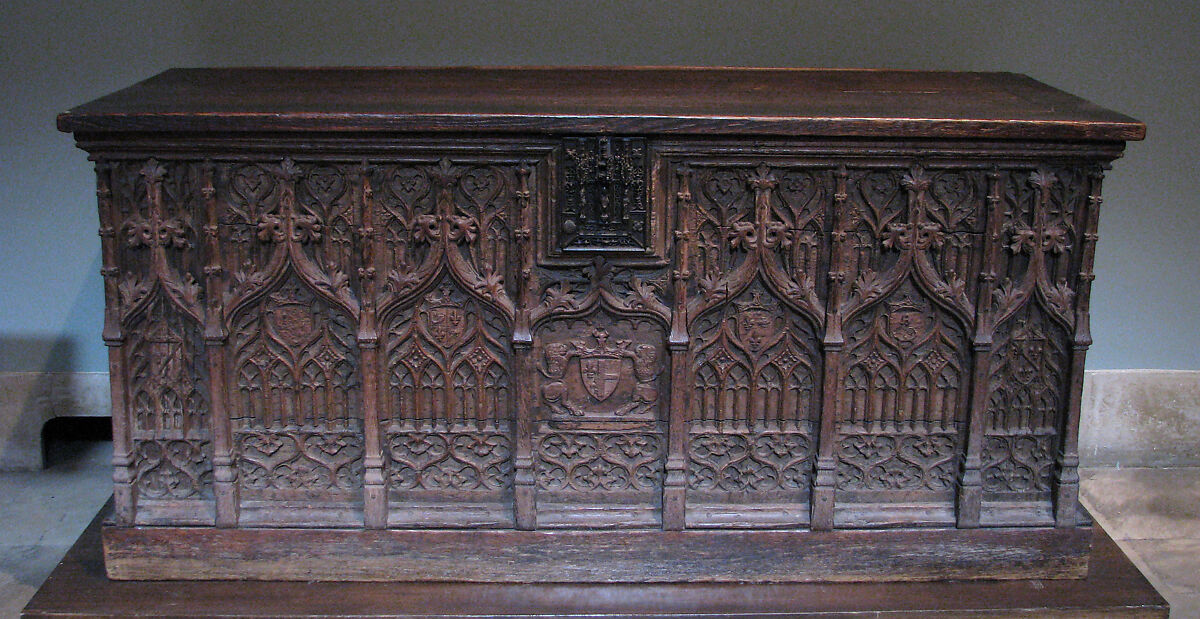 Chest with Coats of Arms, Oak, iron mounts;  top and base restored, French