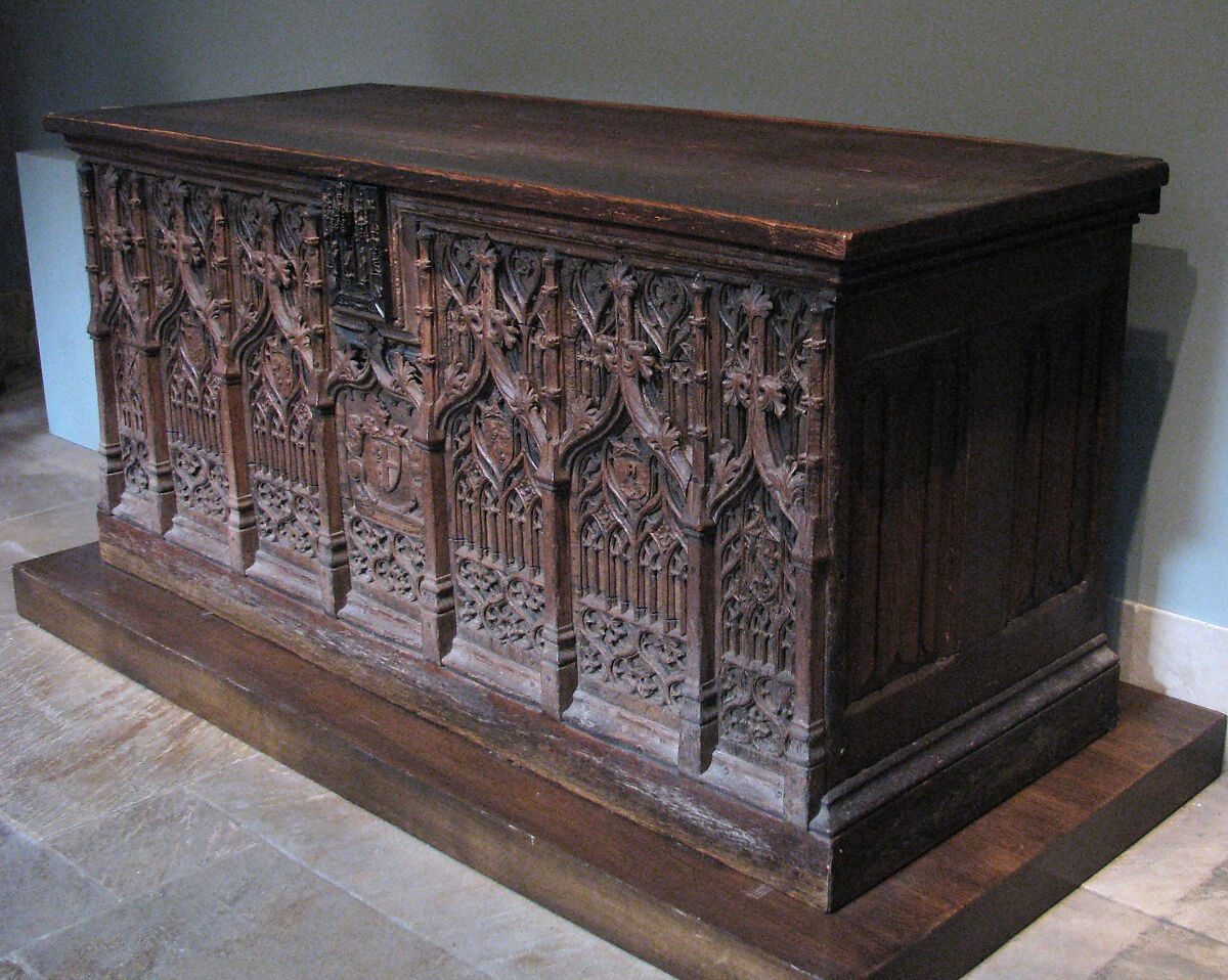Chest with Coats of Arms, Oak, iron mounts;  top and base restored, French 