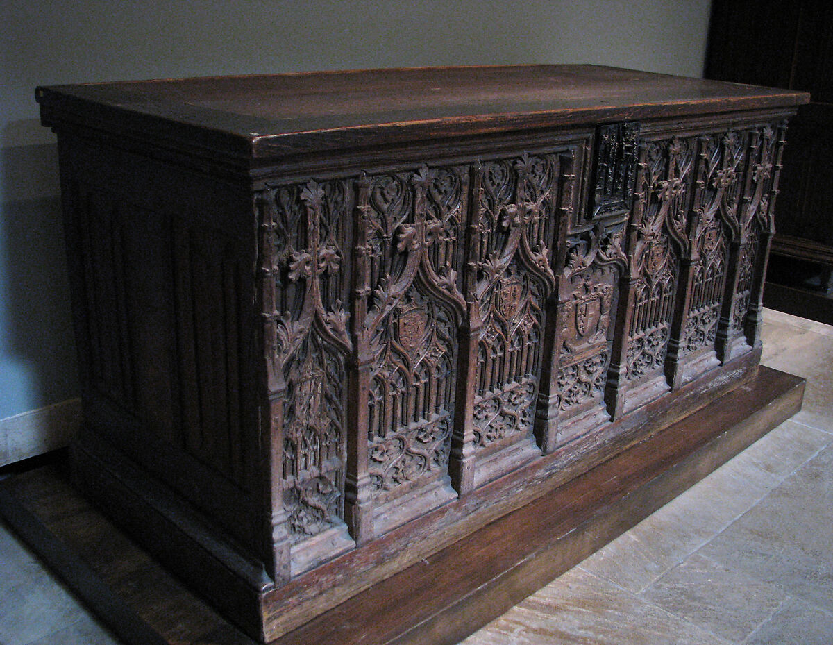 Chest with Coats of Arms, Oak, iron mounts;  top and base restored, French
