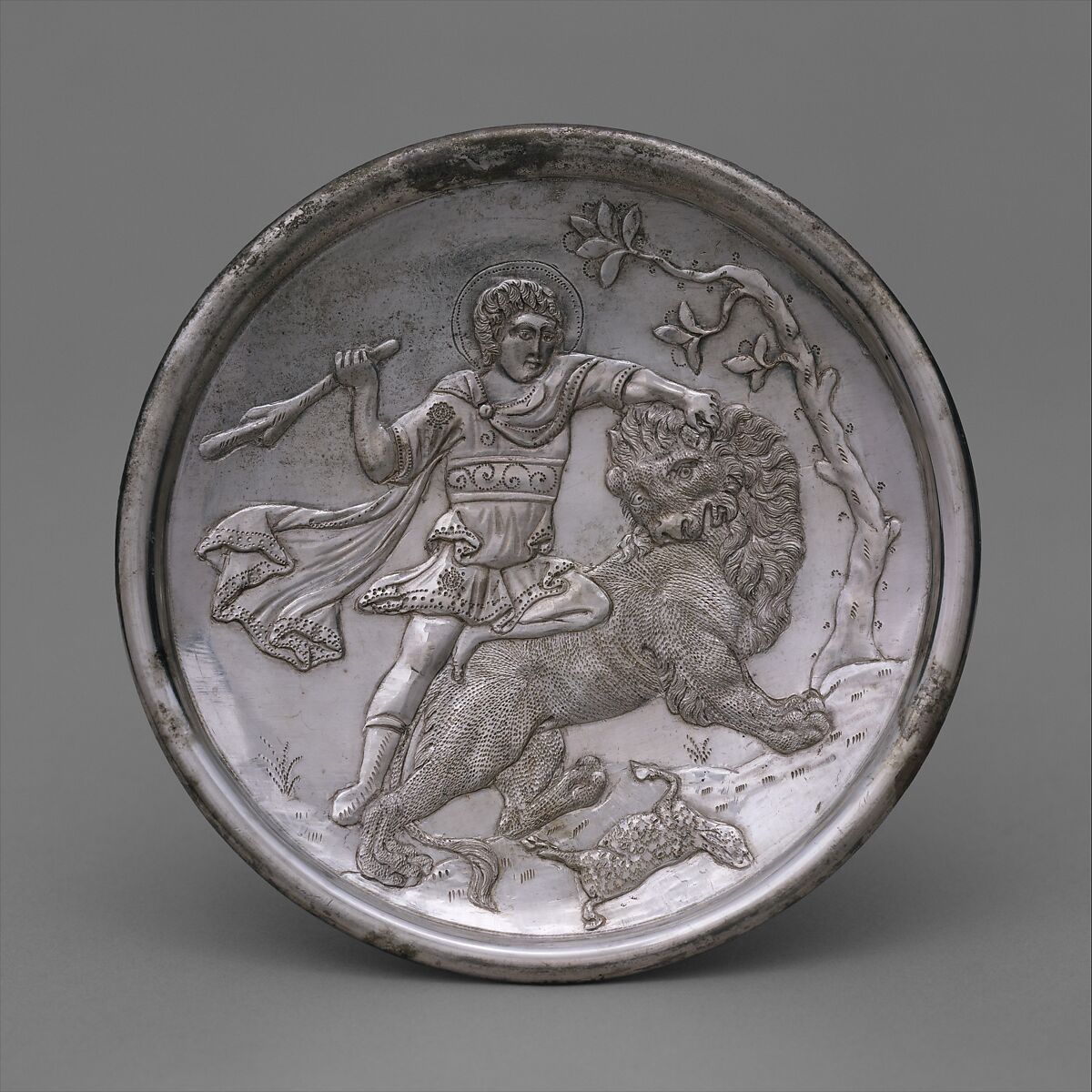 Plate with David Slaying a Lion, Silver, Byzantine 