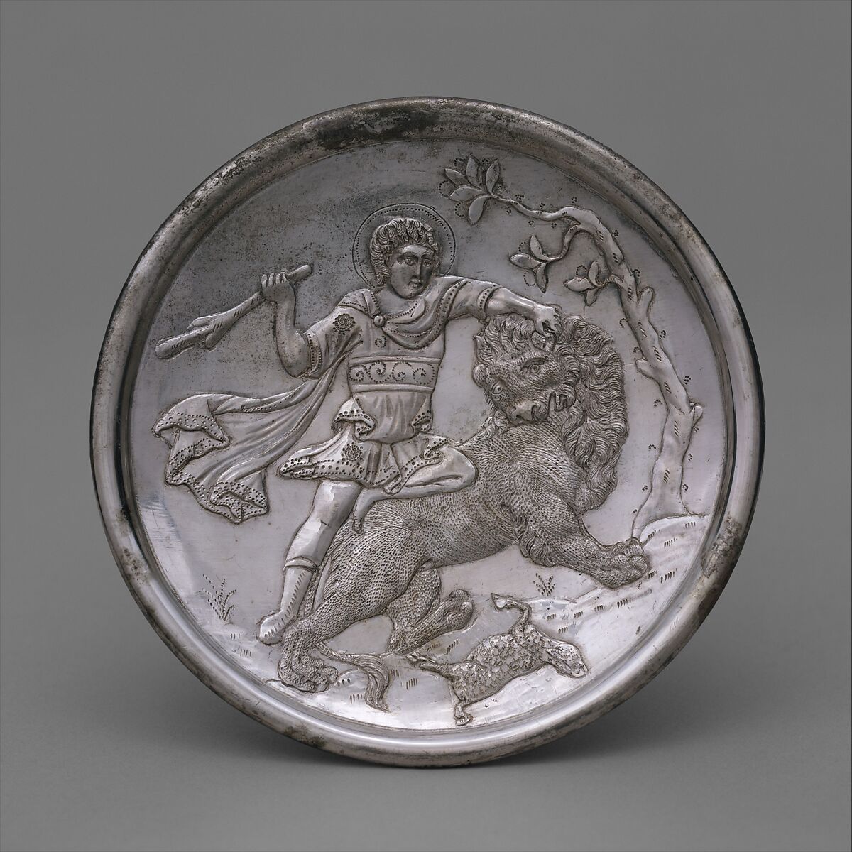 Plate with David Slaying a Lion, Silver, Byzantine