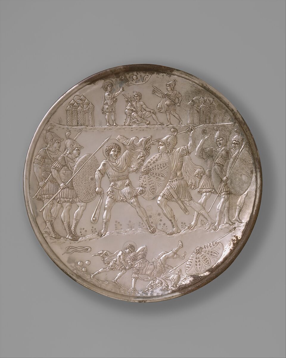 Plate with the Battle of David and Goliath, Silver, Byzantine 