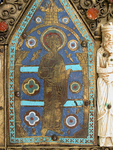 Part of a Reliquary, Champlevé enamel, gilded copper, ivory, cabochons, cameos, French