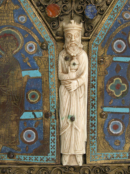 Part of a Reliquary, Champlevé enamel, gilded copper, ivory, cabochons, cameos, French