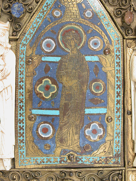 Part of a Reliquary, Champlevé enamel, gilded copper, ivory, cabochons, cameos, French