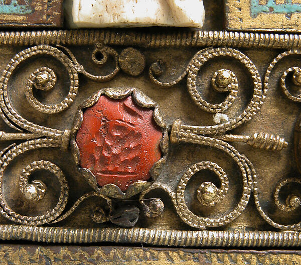 Part of a Reliquary, Champlevé enamel, gilded copper, ivory, cabochons, cameos, French