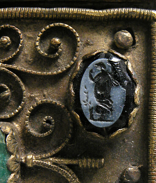 Part of a Reliquary, Champlevé enamel, gilded copper, ivory, cabochons, cameos, French