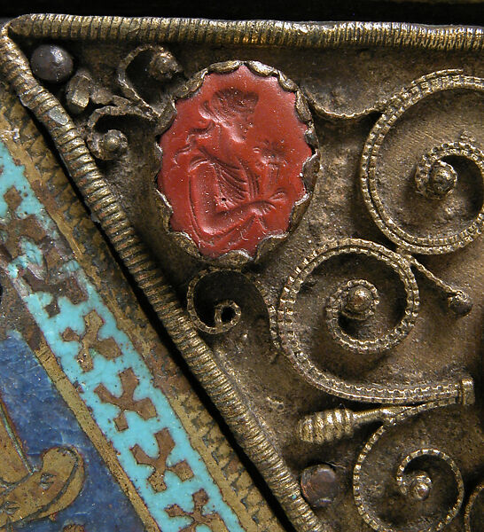 Part of a Reliquary, Champlevé enamel, gilded copper, ivory, cabochons, cameos, French