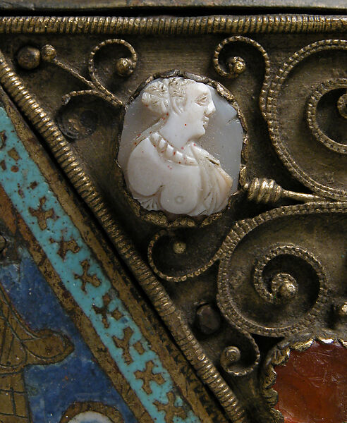 Part of a Reliquary, Champlevé enamel, gilded copper, ivory, cabochons, cameos, French