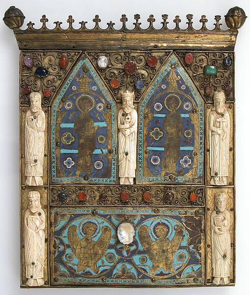 Part of a Reliquary, Copper-gilt, enamel, ivory, cabochons, cameos, French 