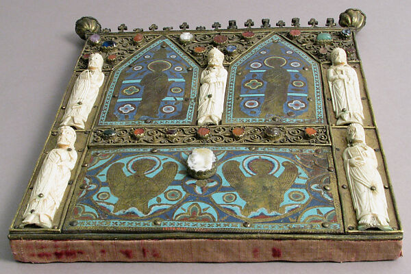 Part of a Reliquary, Champlevé enamel, gilded copper, ivory, cabochons, cameos, French