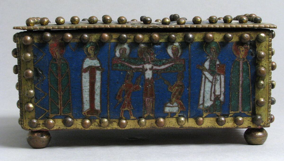 Casket or Portable Altar with the Crucifixion, Standing Saints, and Christ in Majesty with Symbols of the Evangelists, Champlevé enamel, copper alloy, gilt, North German or Danish