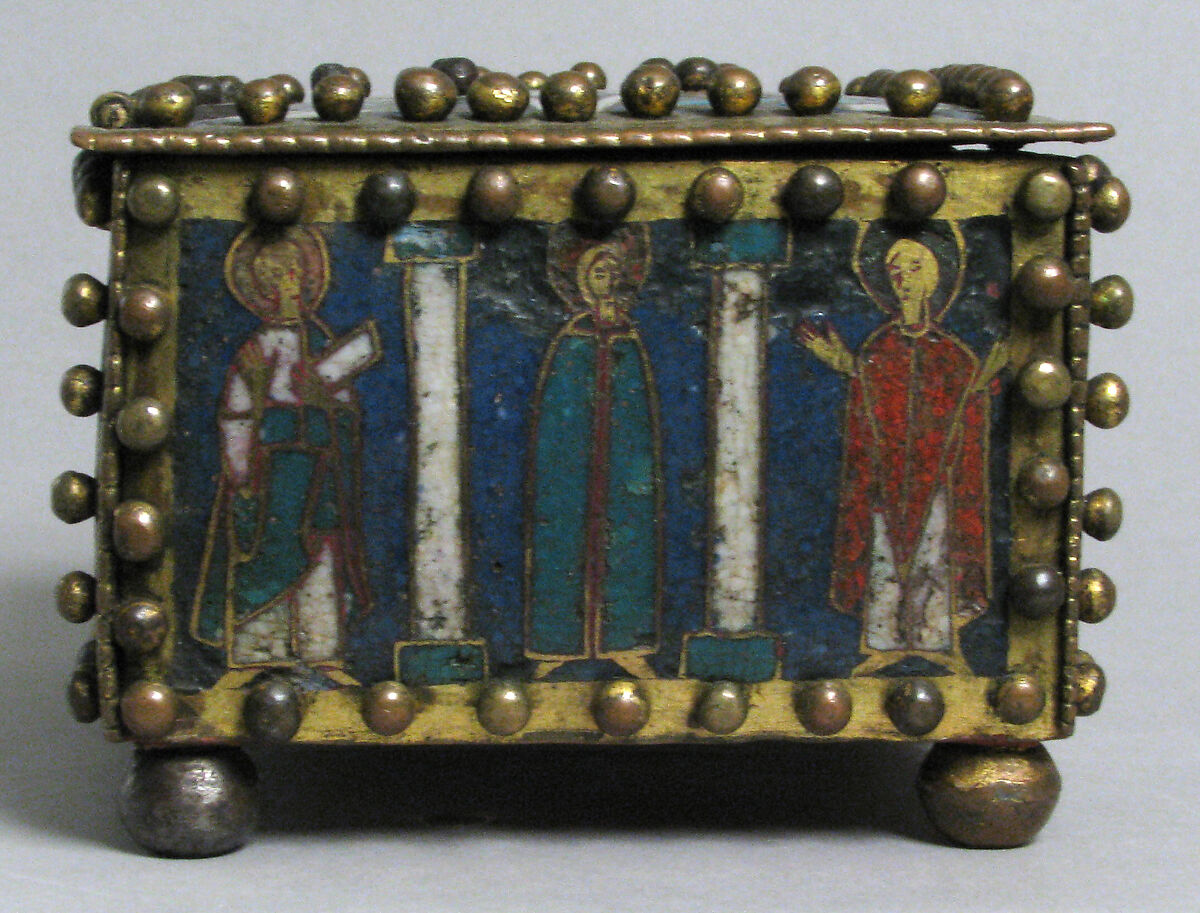 Casket or Portable Altar with the Crucifixion, Standing Saints, and Christ in Majesty with Symbols of the Evangelists, Champlevé enamel, copper alloy, gilt, North German or Danish