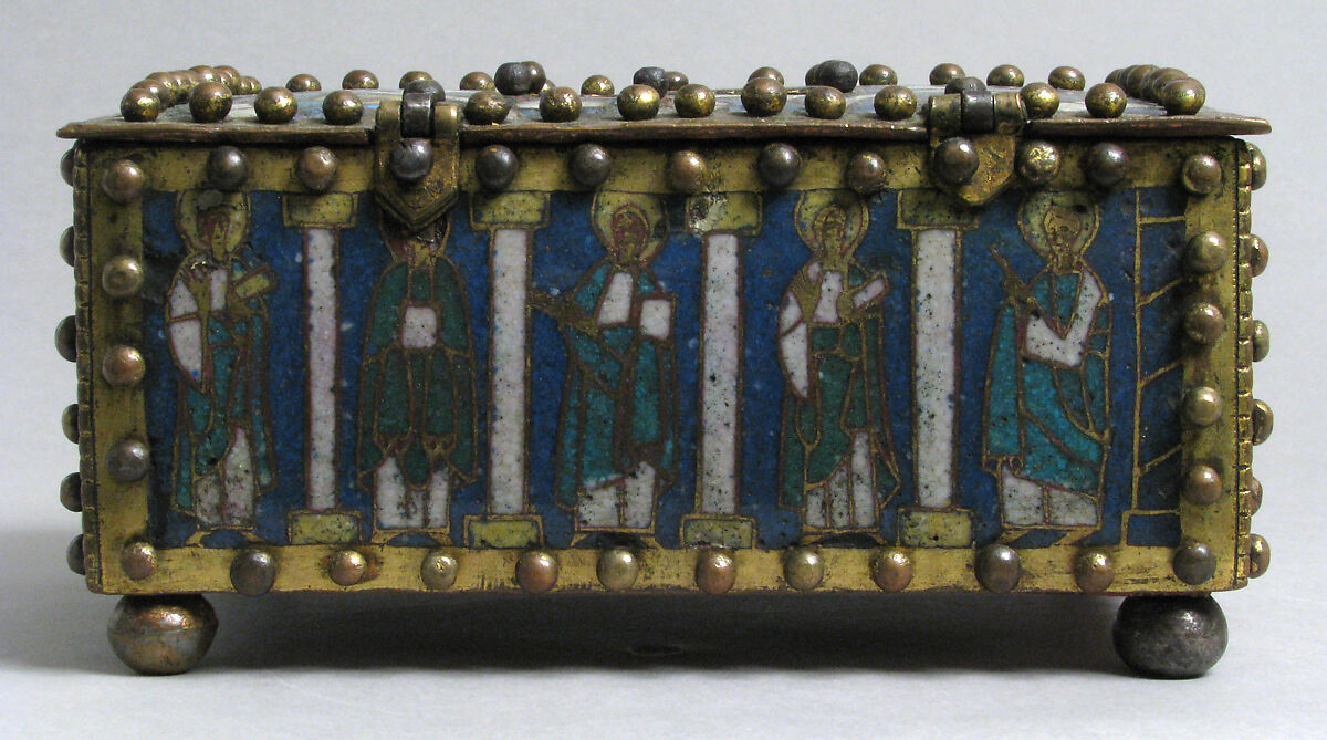 Casket or Portable Altar with the Crucifixion, Standing Saints, and Christ in Majesty with Symbols of the Evangelists, Champlevé enamel, copper alloy, gilt, North German or Danish