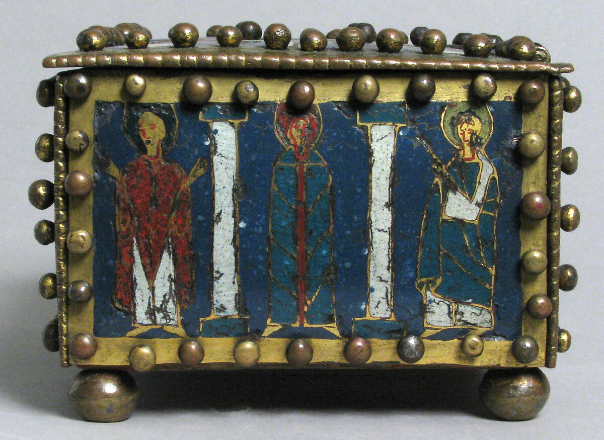 Casket or Portable Altar with the Crucifixion, Standing Saints, and Christ in Majesty with Symbols of the Evangelists, Champlevé enamel, copper alloy, gilt, North German or Danish