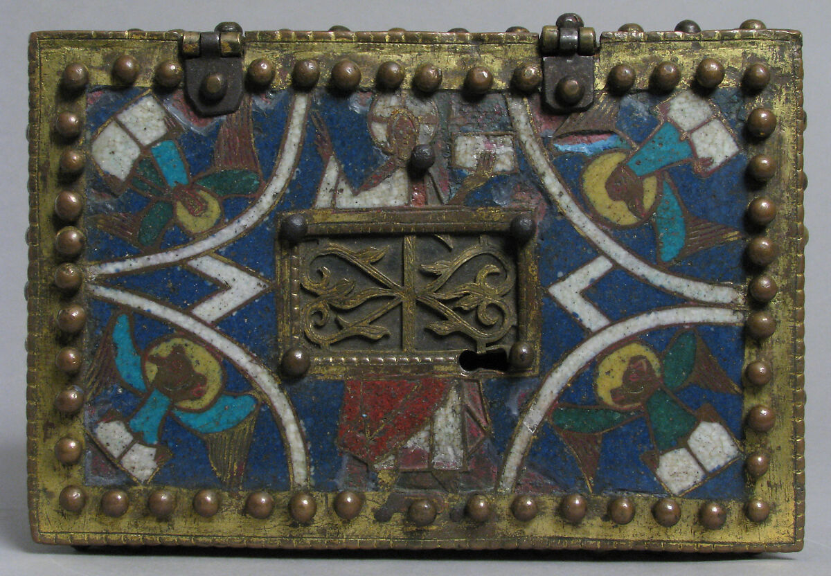 Casket or Portable Altar with the Crucifixion, Standing Saints, and Christ in Majesty with Symbols of the Evangelists, Champlevé enamel, copper alloy, gilt, North German or Danish
