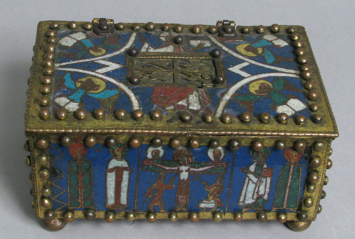 Casket or Portable Altar with the Crucifixion, Standing Saints, and Christ in Majesty with Symbols of the Evangelists, Champlevé enamel, copper alloy, gilt, North German or Danish