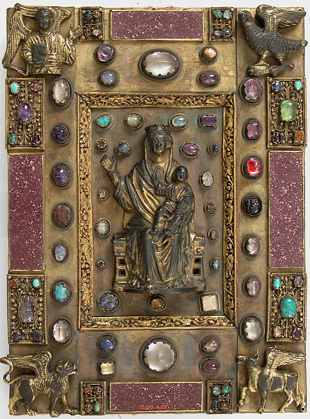 Book Cover, Copper-gilt, cabochons, porphyry, German