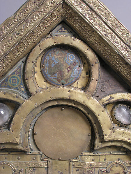 Shrine, Copper-gilt, enamels, rock crystal cabochons on wood, German