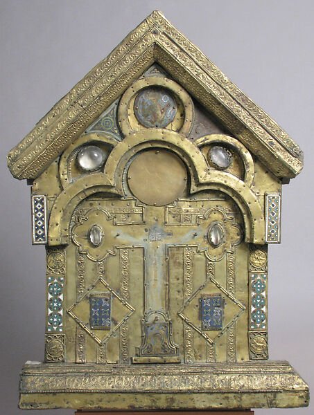 Shrine, Copper-gilt, enamels, rock crystal cabochons on wood, German 