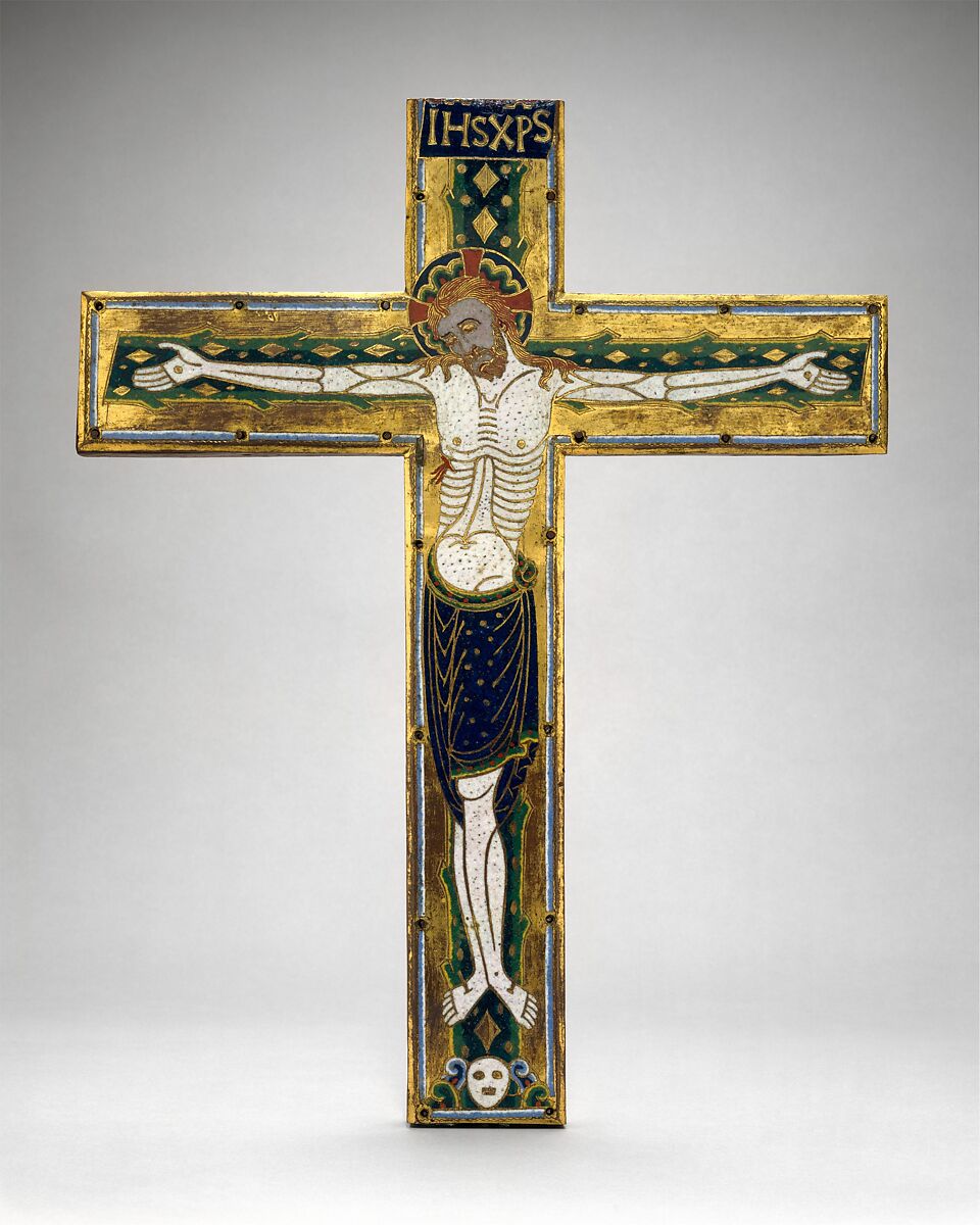 Central Plaque of a Cross, Copper: engraved, stippled, gilt; champlevé enamel: dark and light blue, translucent dark and opaque medium green, yellow, translucent and opaque red, rose, and white, French 