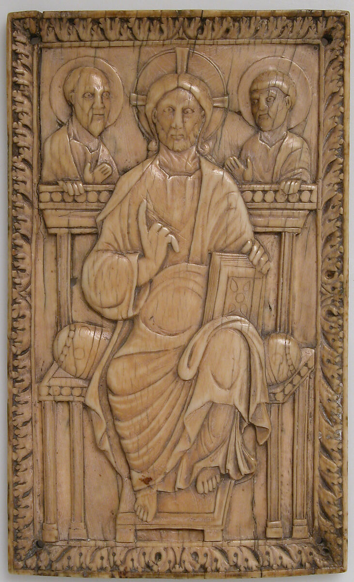 Plaque with Christ enthroned with two Apostles, Elephant ivory, Carolingian 