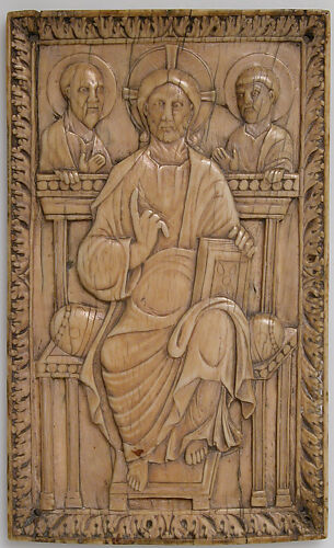 Plaque with Christ enthroned with two Apostles