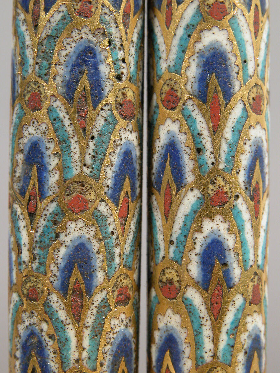 Pair of Colonnettes from a Reliquary Shrine, Champlevé enamel, copper alloy, gilt, German