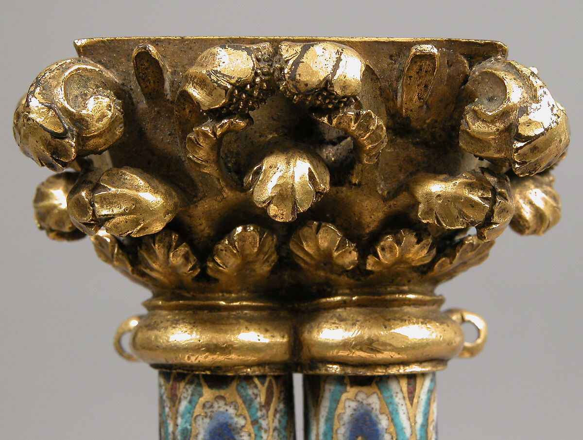 Pair of Colonnettes from a Reliquary Shrine, Champlevé enamel, copper alloy, gilt, German