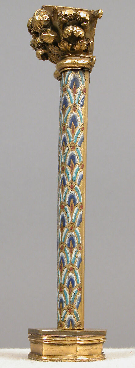 Pair of Colonnettes from a Reliquary Shrine, Champlevé enamel, copper alloy, gilt, German