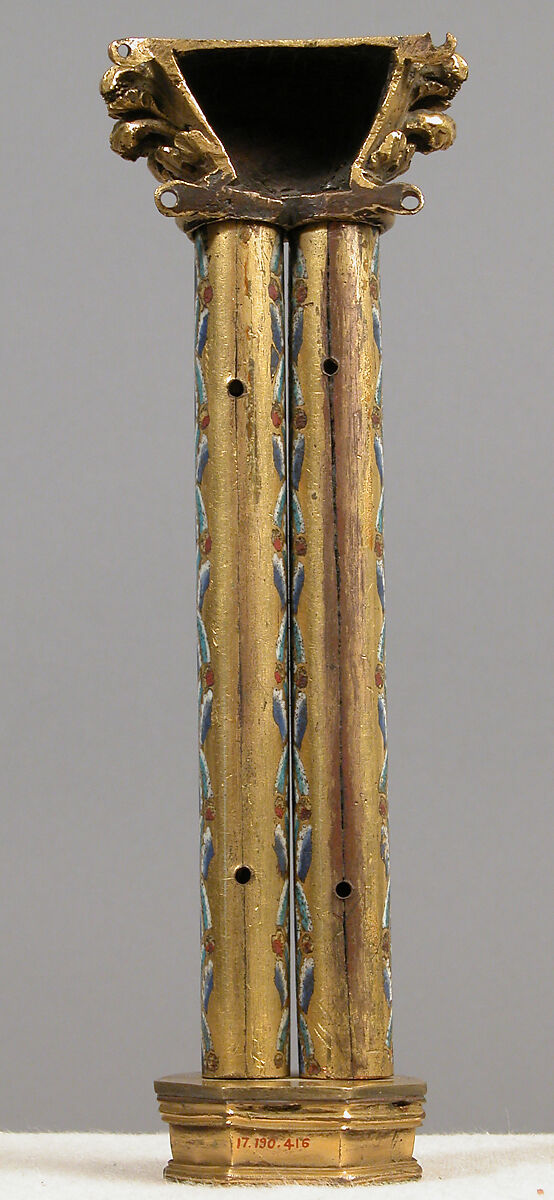 Pair of Colonnettes from a Reliquary Shrine, Champlevé enamel, copper alloy, gilt, German