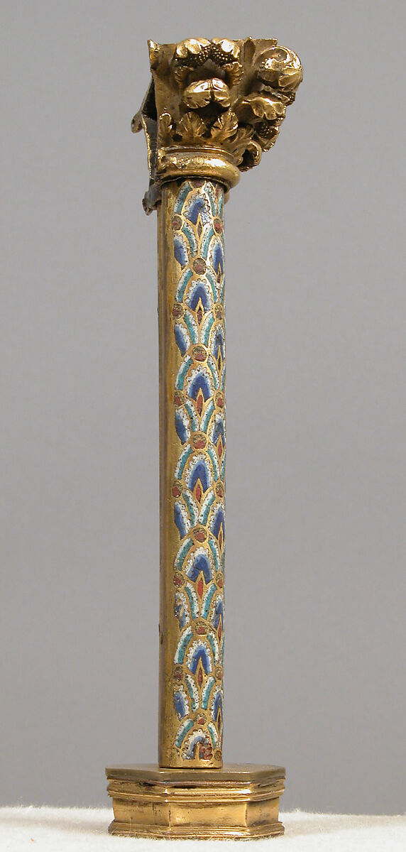 Pair of Colonnettes from a Reliquary Shrine, Champlevé enamel, copper alloy, gilt, German