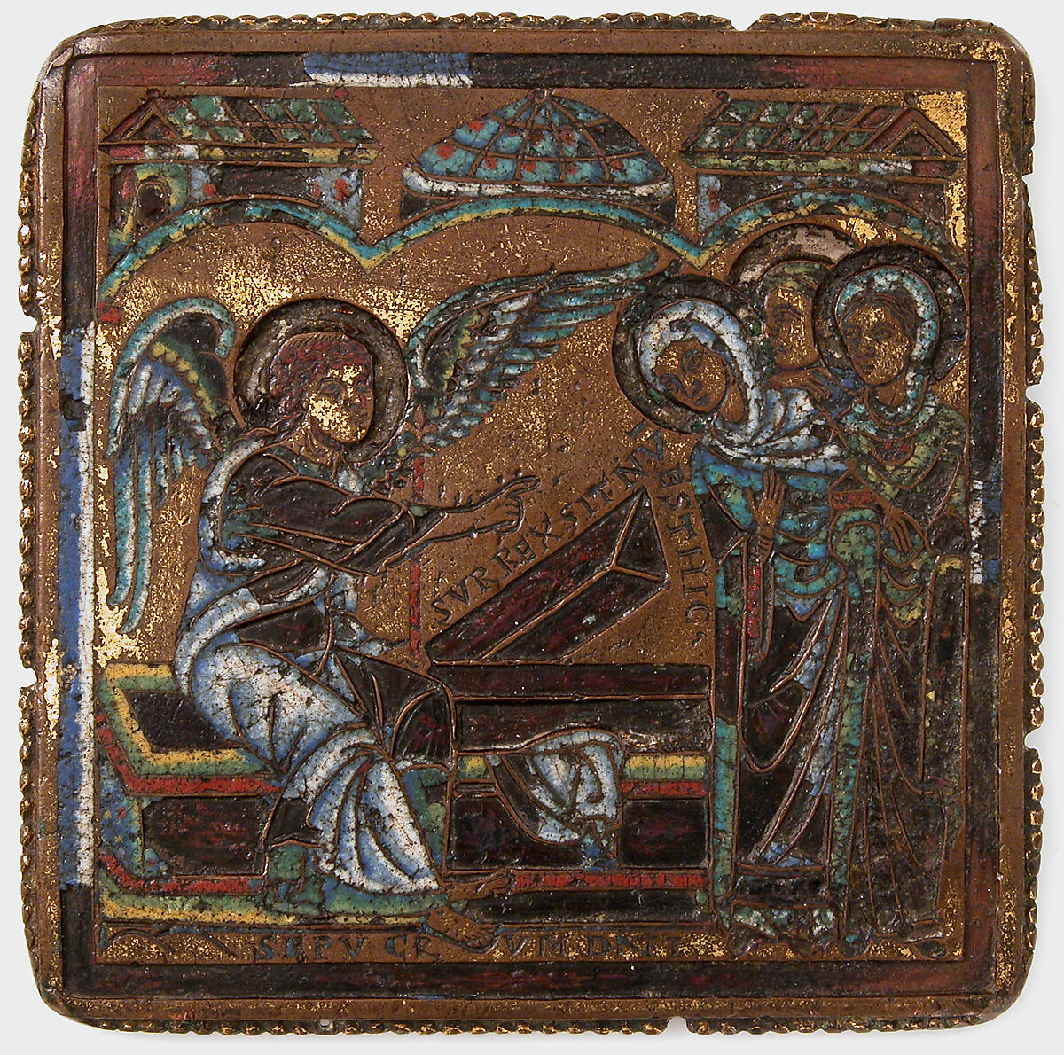 Plaque with the Holy Women at the Sepulchre, Champlevé enamel, copper alloy, gilt, South Netherlandish 