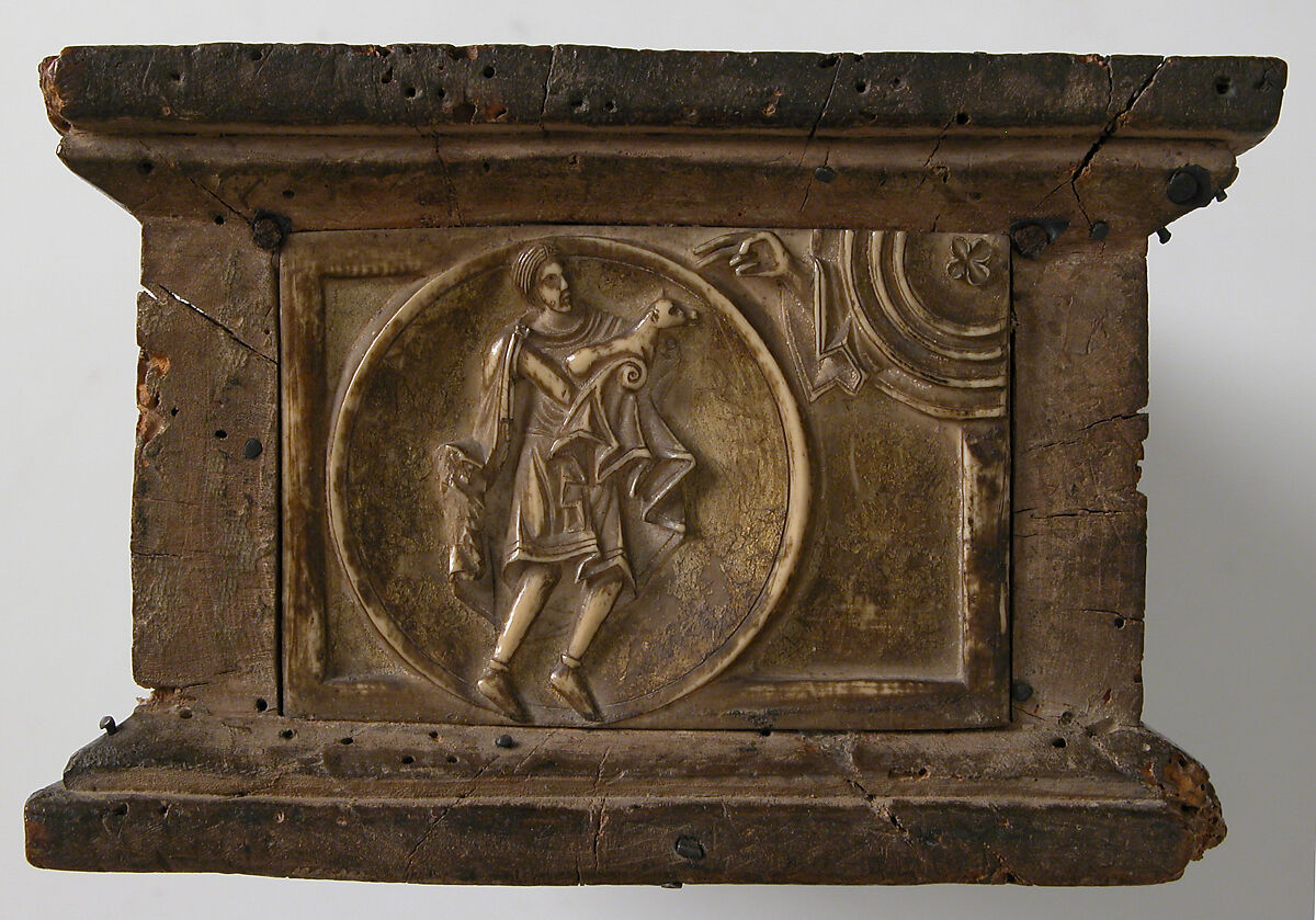 Portable Altar and Two Side Panels, Elephant ivory, shell gold, wood box, stone inset on lid, European