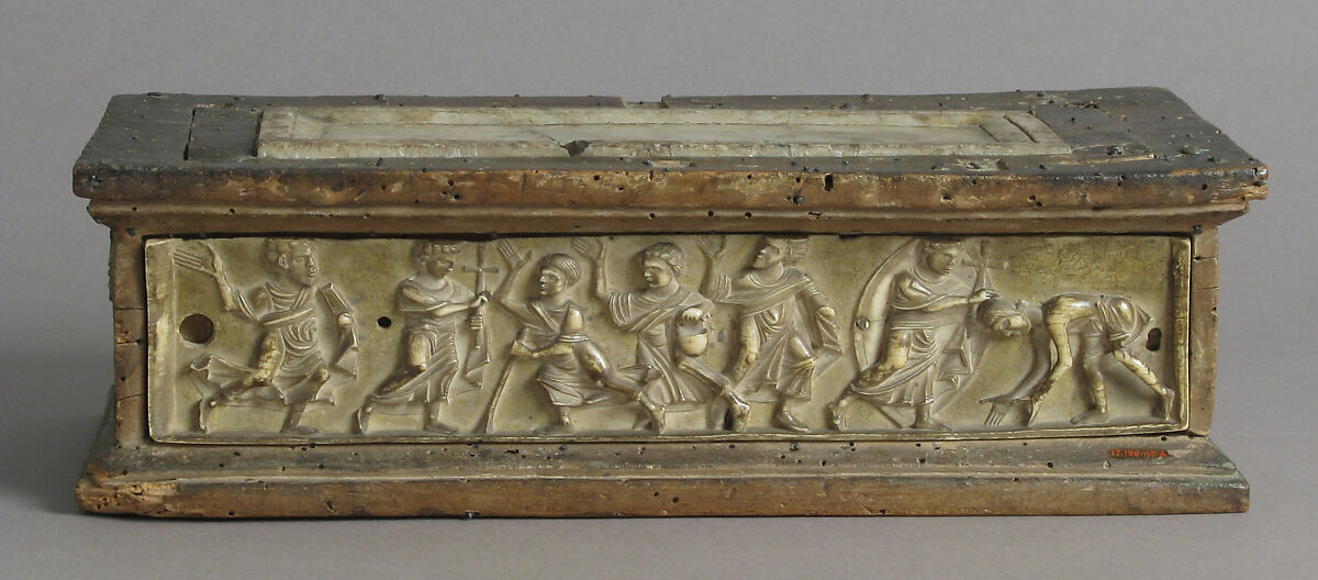 Portable Altar and Two Side Panels, Elephant ivory, shell gold, wood box, stone inset on lid, European