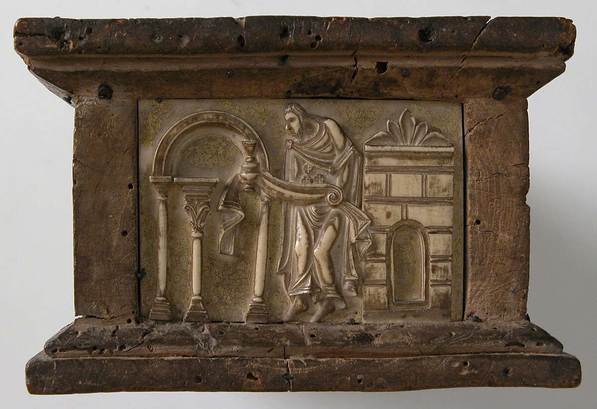 Portable Altar and Two Side Panels, Elephant ivory, shell gold, wood box, stone inset on lid, European