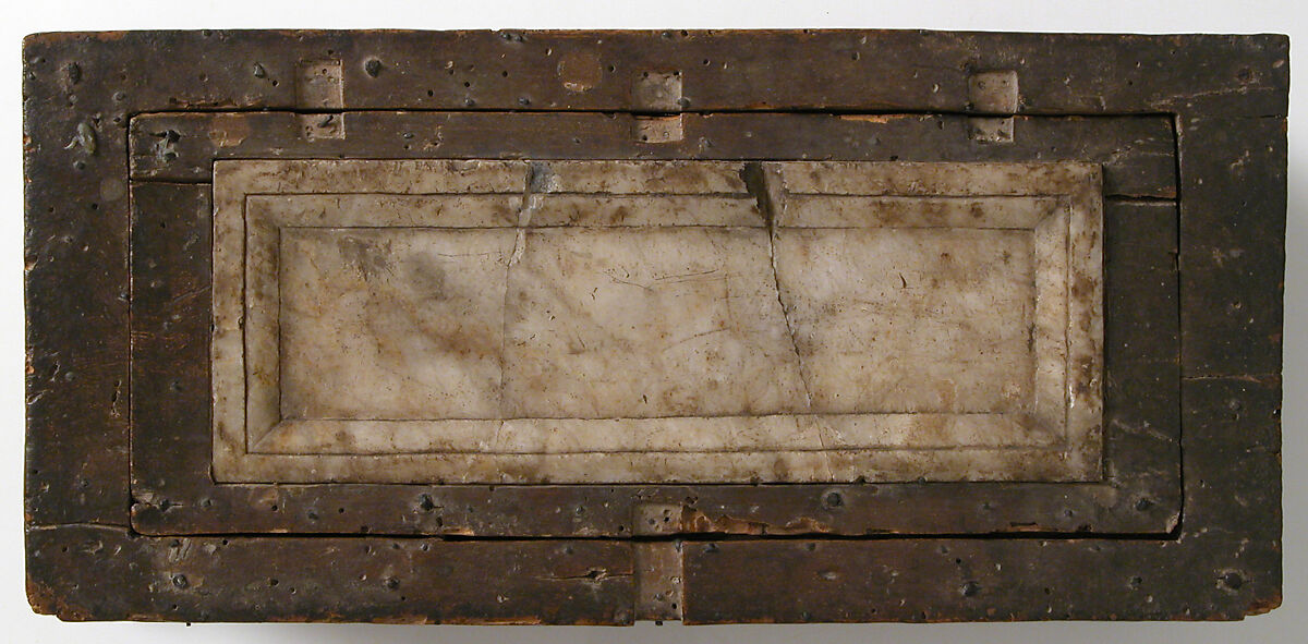 Portable Altar and Two Side Panels, Elephant ivory, shell gold, wood box, stone inset on lid, European