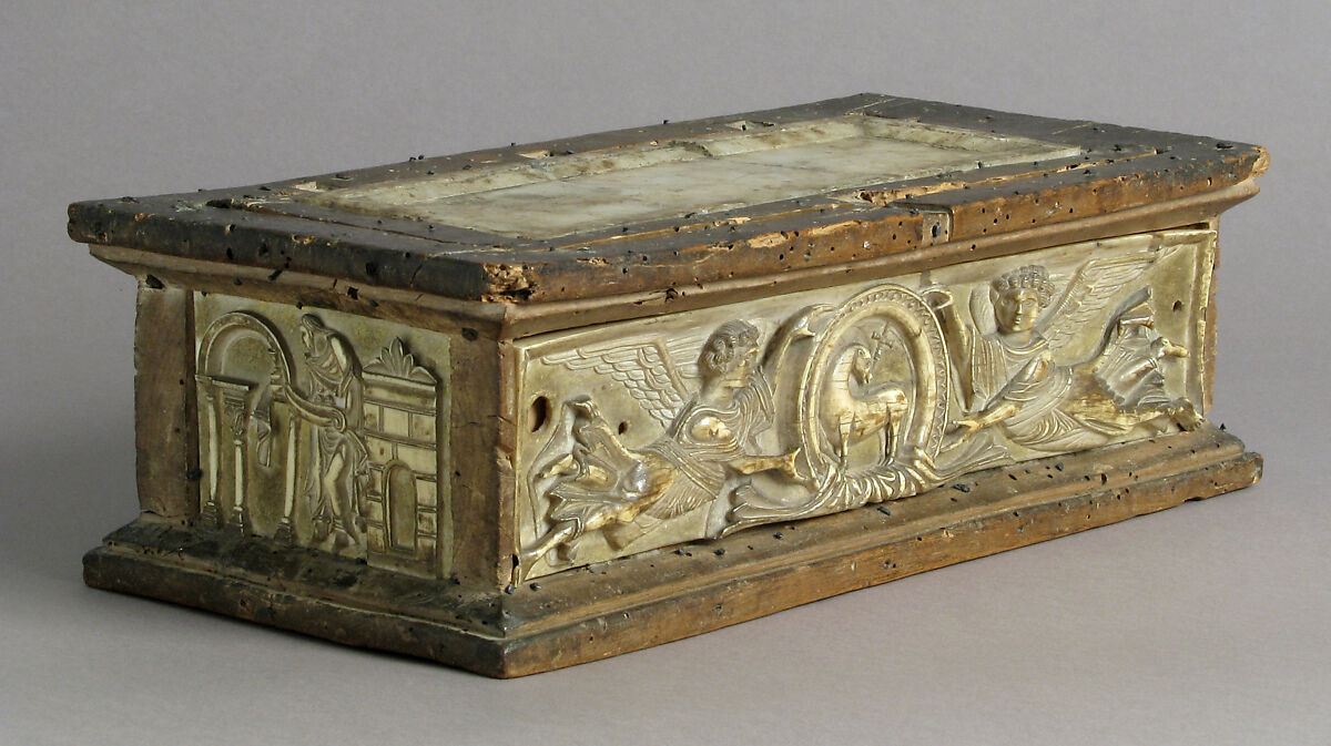 Portable Altar and Two Side Panels, Elephant ivory, shell gold, wood box, stone inset on lid, European 